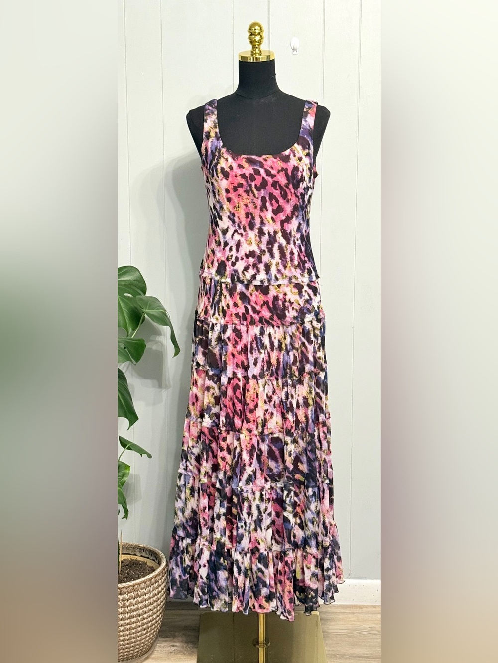 Jones New York Pink Multi-Color Leopard Print Tiered Maxi Dress